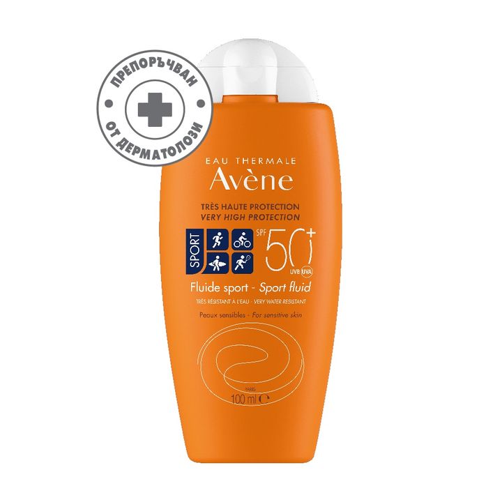 Avene Eau Thermale Sport Водоустойчив слънцезащитен флуид за чувствителна кожа и по време на спорт SPF50+ х100 мл