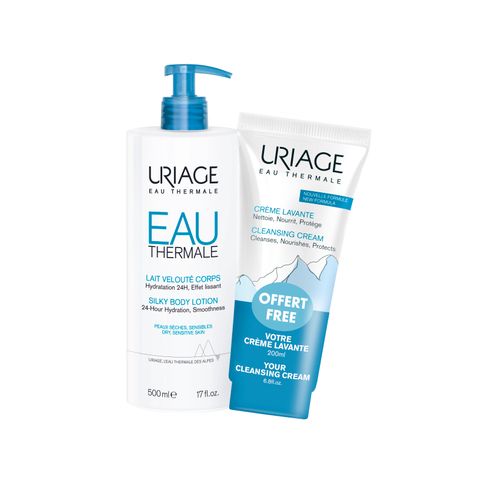 Uriage EAU Thermale Промо комплект Лосион за тяло за 24-часова хидратация за суха и чувствителна кожа и Измиващ крем за лице, тяло и коса