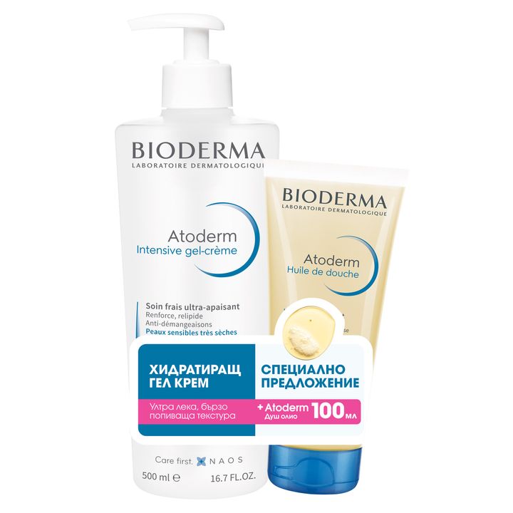 Bioderma Промо комплект Atoderm Интензивен, облекчаващ сърбежа и възстановяващ гел-крем за много суха, раздразнена и атопична кожа и Душ олио за 24-часова хидратация