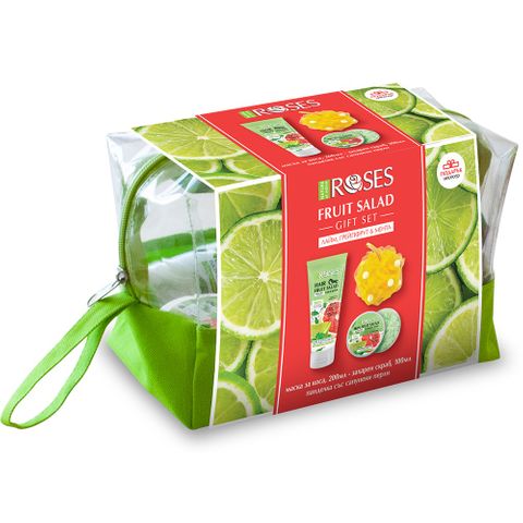 Nature of Agiva Fruit Salad Промо комплект Възстановяваща маска за коса с грейпфрут, лайм и мента, Захарен скраб за лице и тяло  и Salad 2в1 Ароматна панделка със сапунени перли