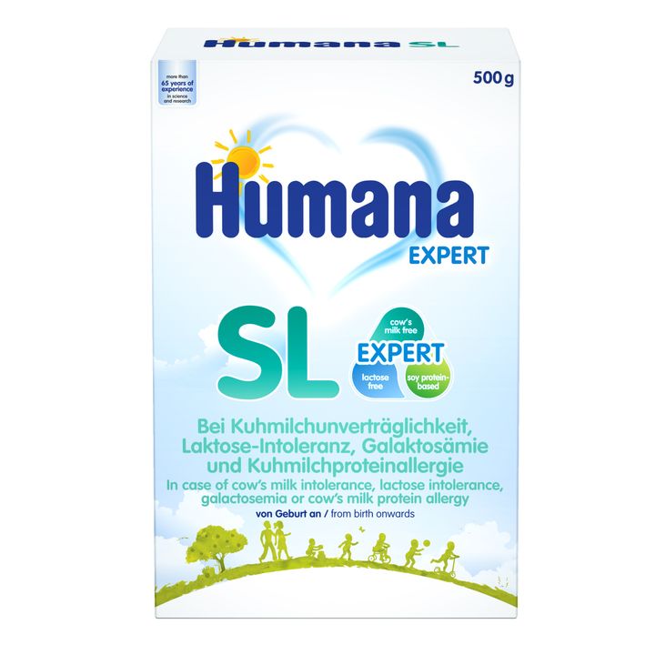 Humana SL Expert Храна за специални медицински цели за хранене на бебета с непоносимост към краве мляко, включително лактозна непоносимост, галактоземия или алергия към протеини на кравето мляко x500 грама