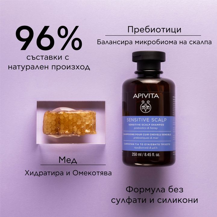 Apivita Шампоан за чувствителен скалп с пребиотици и мед x250 мл