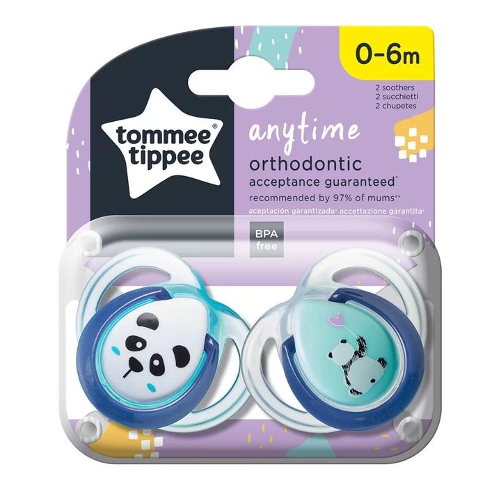 Tommee Tippee Any Time Ортодонтични залъгалки за деца от 0 до 6 месеца x2 броя, Панди, тюркоаз