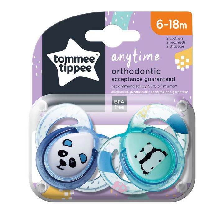 Tommee Tippee Any Time Ортодонтични залъгалки за деца от 6 до 18 месеца x2 броя, Панди, тюркоаз