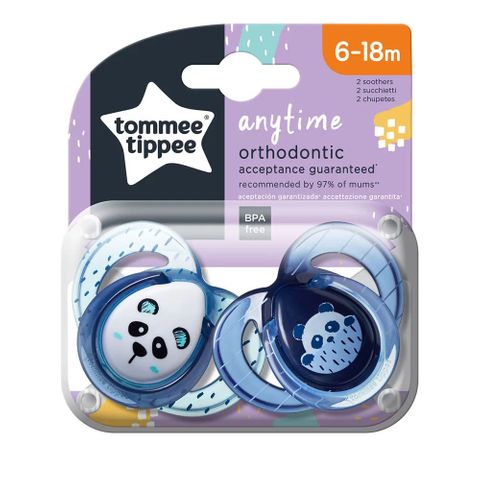 Tommee Tippee Any Time Ортодонтични залъгалки за деца от 6 до 18 месеца x2 броя, Сини панди