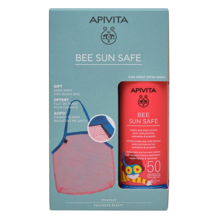 Apivita Промо комплект Bee Sun Safe Kids Слънцезащитен спрей за деца SPF50 x200 мл и Детска плажна чанта