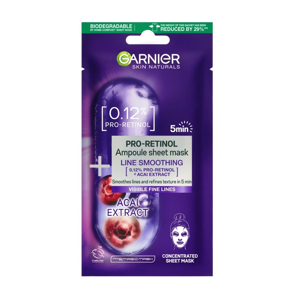 Garnier Skin Natural Pro Retinol Лист маска за лице против стареене с ретинол и акай бери x15 грама