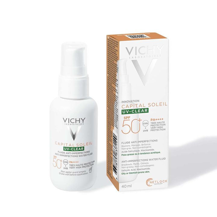 Vichy Capital Soleil UV-Clear SPF50+ Слънцезащитен флуид за лице против несъвършенства x40 мл