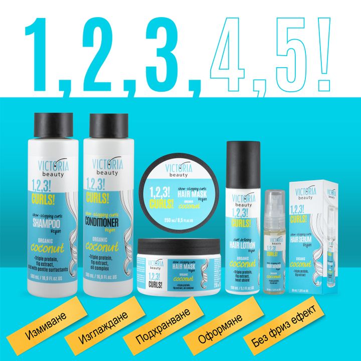 Victoria Beauty 1.2.3! CURLS!Термозащитен лосион за къдрава коса с кокос за дефиниране на къдрици x150 мл