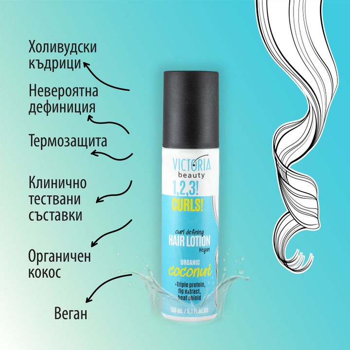 Victoria Beauty 1.2.3! CURLS!Термозащитен лосион за къдрава коса с кокос за дефиниране на къдрици x150 мл