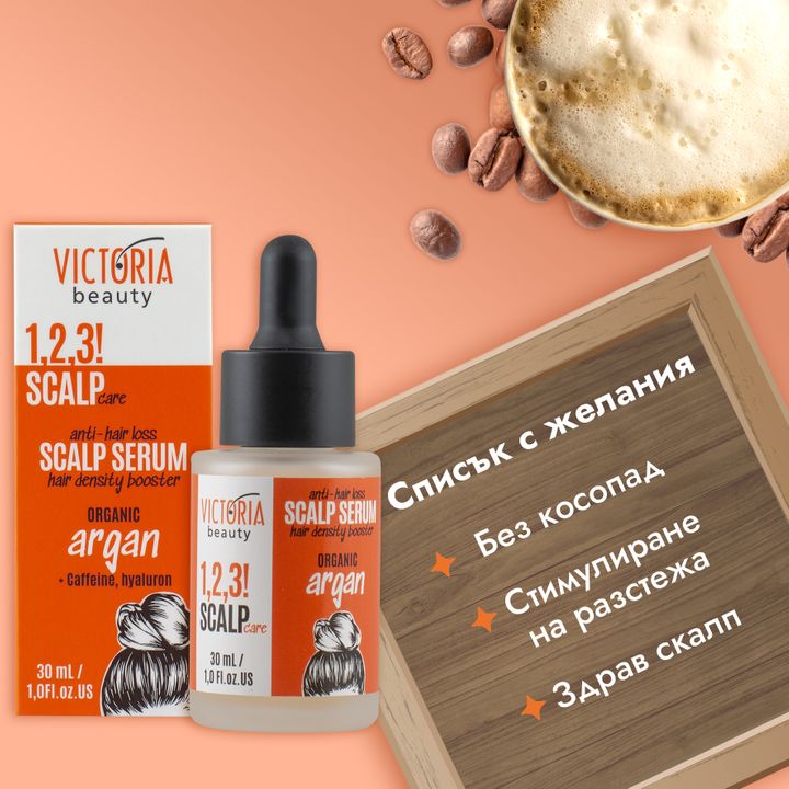 Victoria Beauty 1,2,3! SCALP CARE! Стимулиращ серум за скалп против косопад с арган, кофеин, хиалурон x30 мл