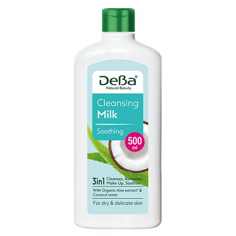 DeBa Natural Beauty Успоковащо почистващо мляко за лице с екстракт от алое и кокосова вода за суха и чувствителна кожа x500 мл