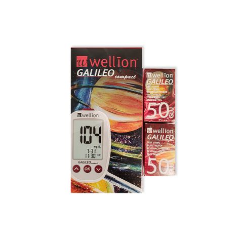 Wellion Промо комплект Galileo Compact Глюкомер за измерване на кръвна захар + 100 броя Тест ленти