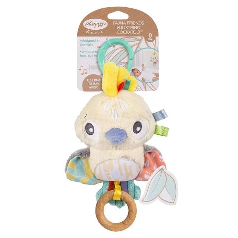 PlayGro Fauna Friends Музикална плюшена играчка Какаду с клипс за поставяне на количка, 0+ месеца
